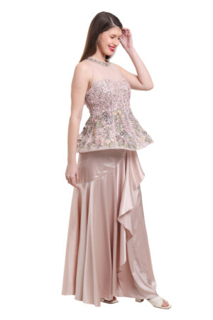 Biege pre draped ruffle skirt with structured top -01