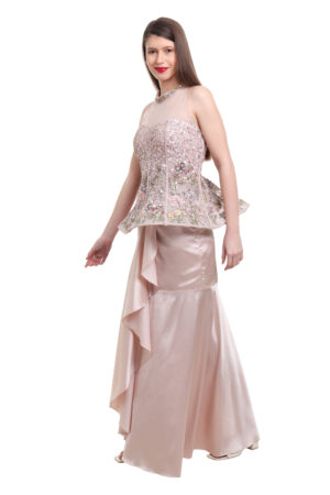 Biege pre draped ruffle skirt with structured top -02