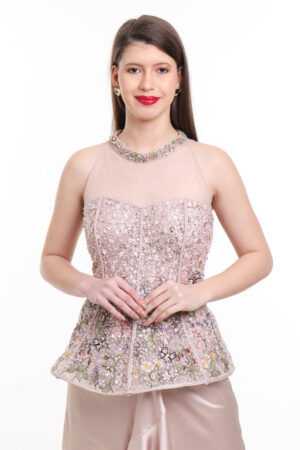 Biege pre draped ruffle skirt with structured top -04