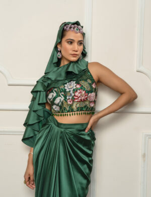 Bottle green drape saree set-04