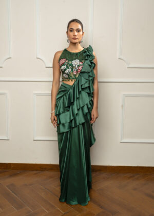 Bottle green drape saree set