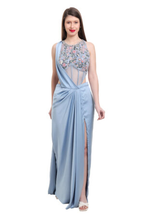Dusty Blue pre draped saree with embroidered bodysuit-01
