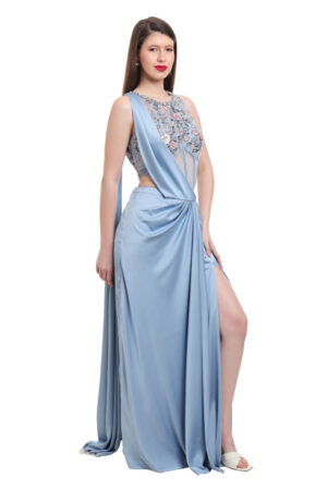 Dusty Blue pre draped saree with embroidered bodysuit-02