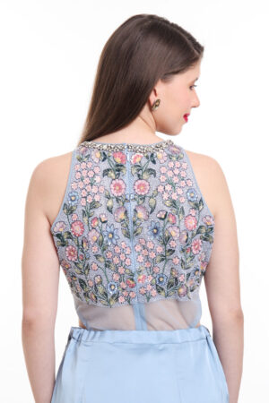 Dusty Blue pre draped saree with embroidered bodysuit-05