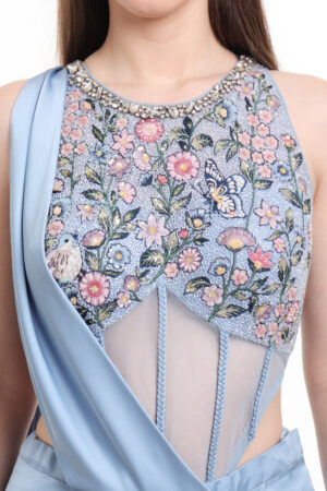 Dusty Blue pre draped saree with embroidered bodysuit-06