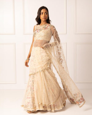 Golden Embroidered Drape Saree Set-03