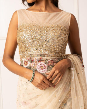 Golden Embroidered Drape Saree Set-04