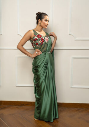 Green Drape Saree set with Floral body suit-01