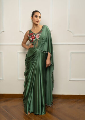 Green Drape Saree set with Floral body suit-02