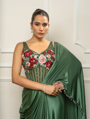 Green Drape Saree set with Floral body suit-03