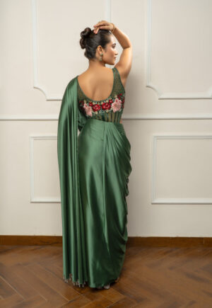 Green Drape Saree set with Floral body suit-04