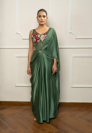 Green Drape Saree set with Floral body suit