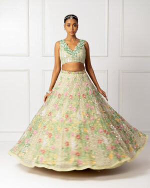 Green floral 3D lehenga set -01