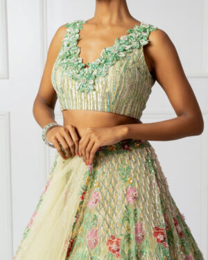 Green floral 3D lehenga set -03