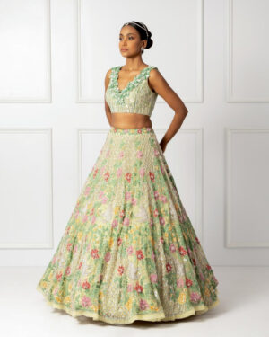 Green floral 3D lehenga set -04