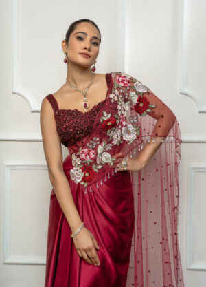 Maroon drape saree set-03