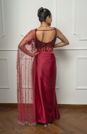 Maroon drape saree set-04