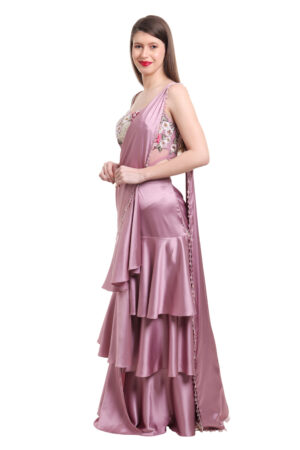 Mauve pre draped ruffle saree with embroidered bodysuit-01