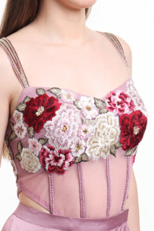 Mauve pre draped ruffle saree with embroidered bodysuit-02