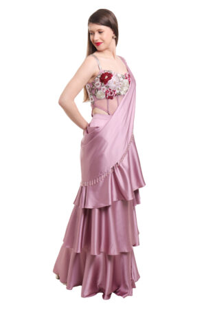 Mauve pre draped ruffle saree with embroidered bodysuit-04