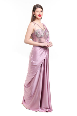 Mauve pre draped saree with embroidered corset blouse-01