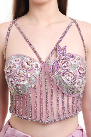 Mauve pre draped saree with embroidered corset blouse-03