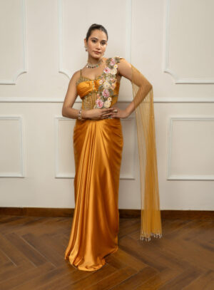 Mustard yellow drape saree set woth bodysuit-01