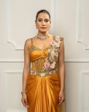 Mustard yellow drape saree set woth bodysuit-02