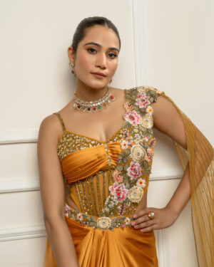 Mustard yellow drape saree set woth bodysuit-04