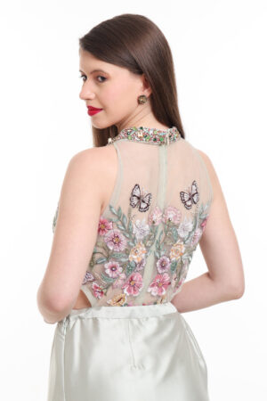 Sage Green pre draped saree with embroidered bodysuit -04