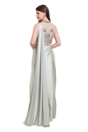 Sage Green pre draped saree with embroidered bodysuit -05