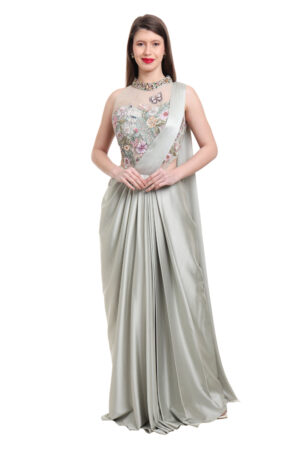 Sage Green pre draped saree with embroidered bodysuit