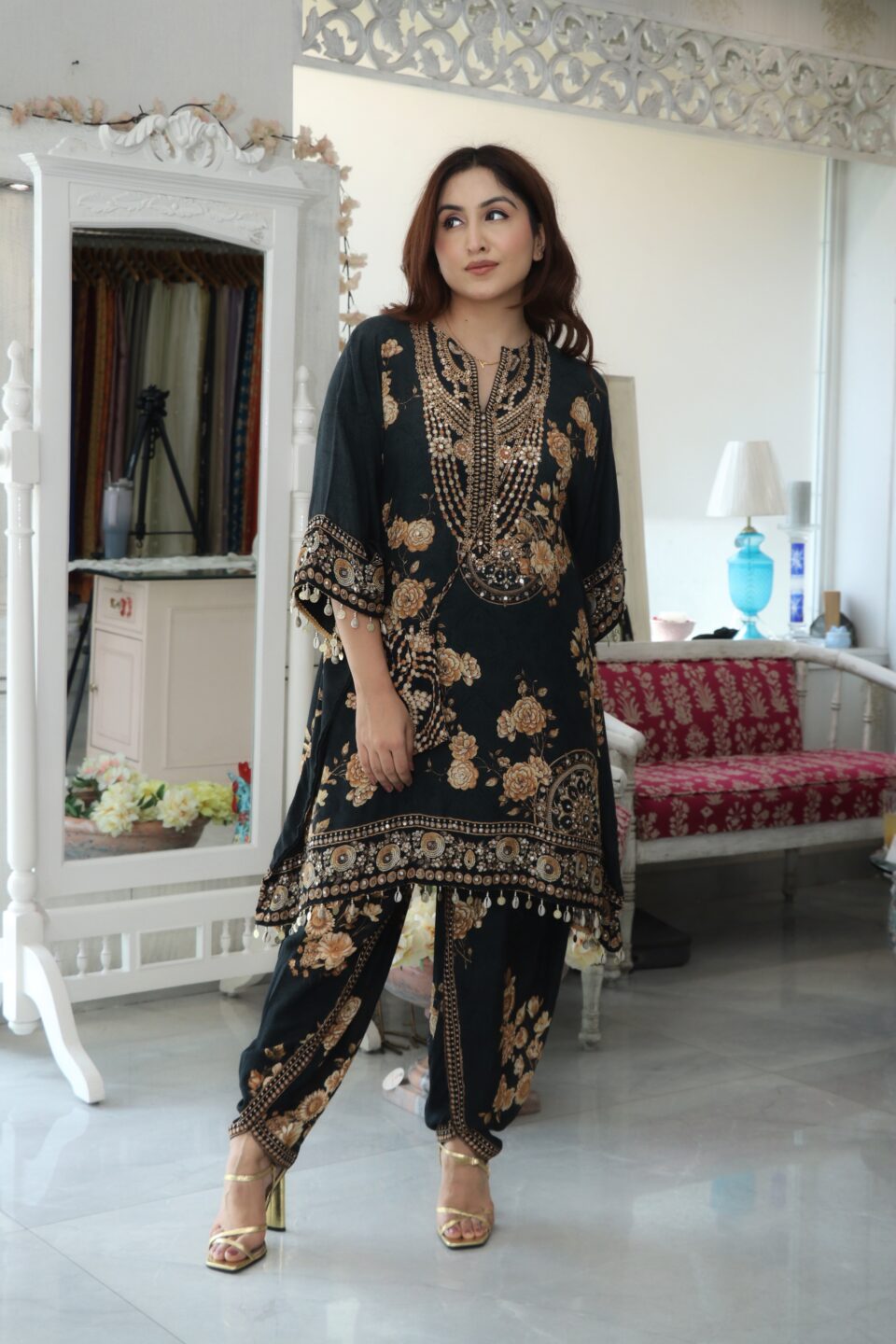 Black Printed Kaftan-Style Suit (Stitched)