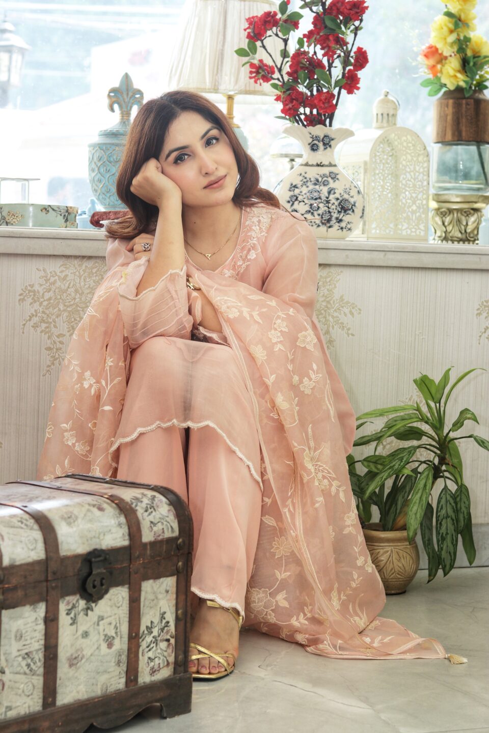 Blush Gardenia Organza Embroidered Suit