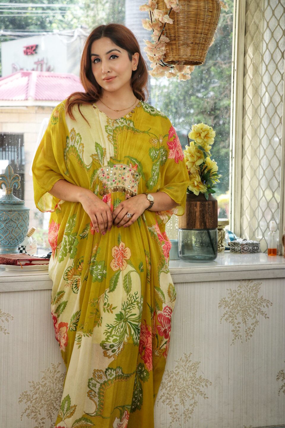 Zeenat Mustard Floral Hand-Embellished Kaftan